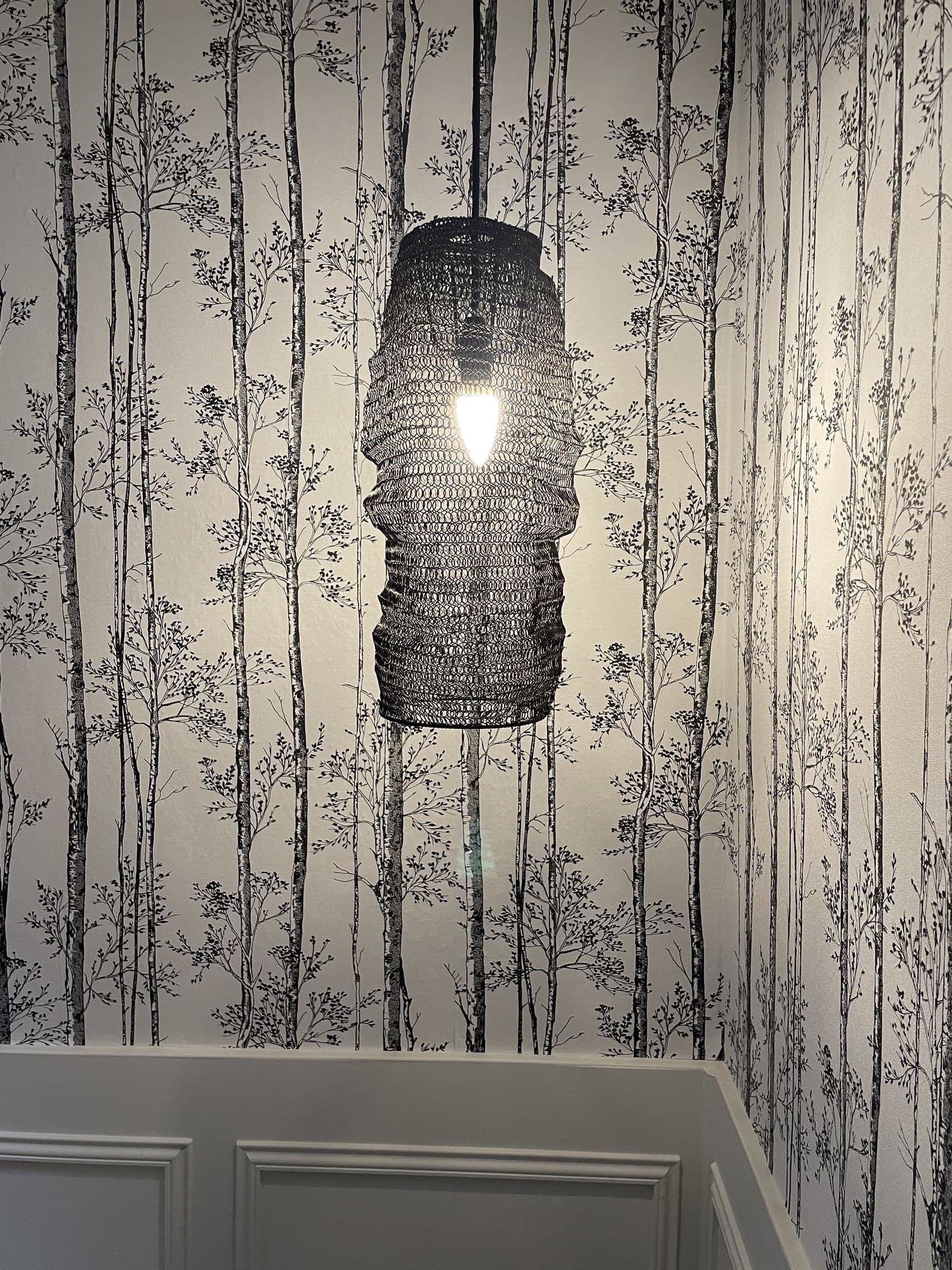 Détail du mur à motif de bouleaux et d’une suspension en fibre tressée